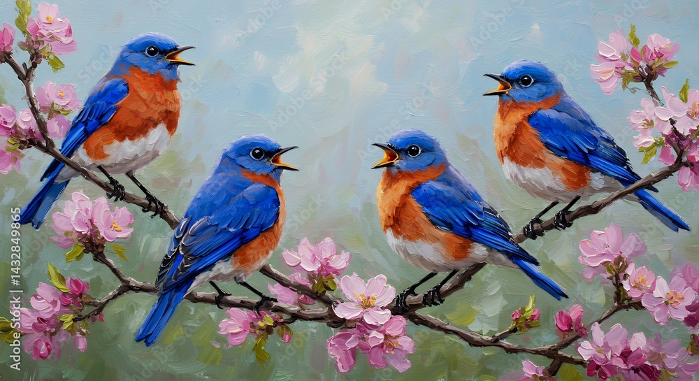 Obraz premium Four bluebirds singing among pink blossoms