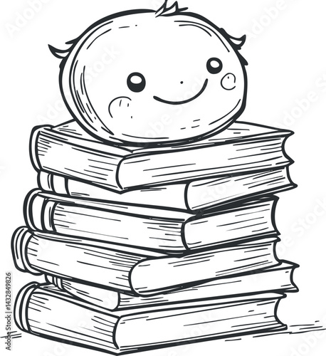 Black and white illustration of a happy smiling apple sitting on a stack of six books representing education and knowledge