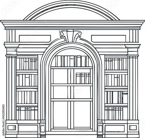 Black and white line drawing of a classic wooden bookshelf with an arched window in the center.