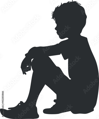 Silhouette of a young boy sitting with knees bent in a relaxed and thoughtful pose isolated on white background