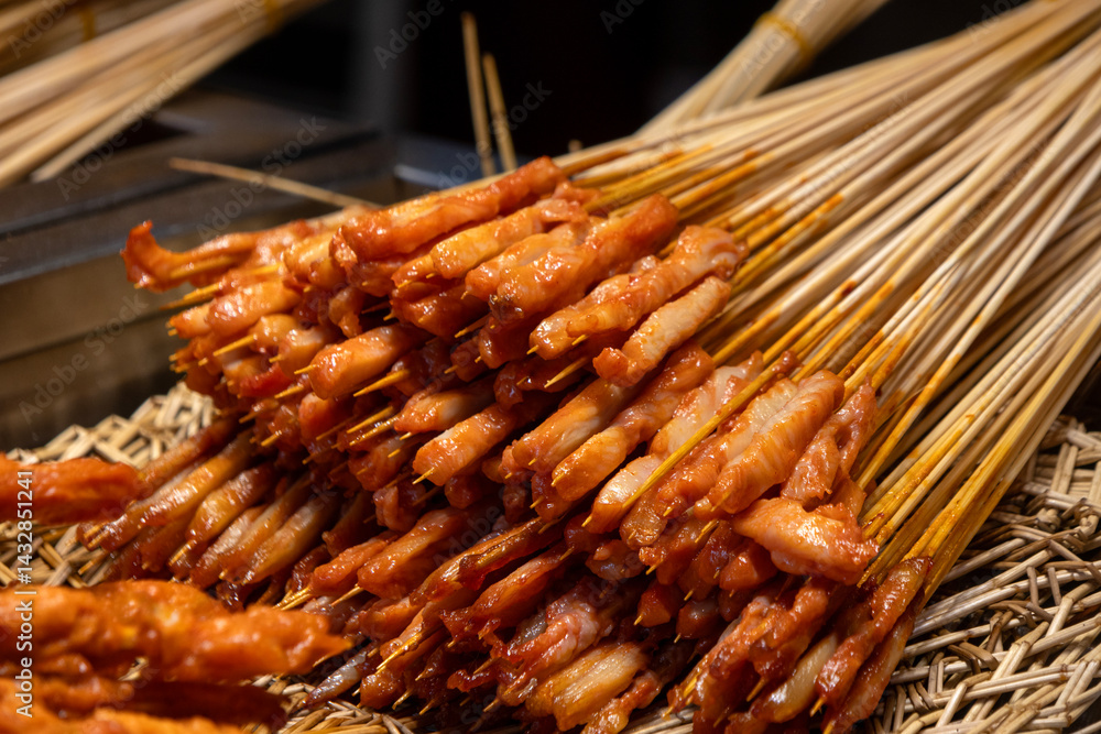 Chinese style marinated meat skewers on the street.