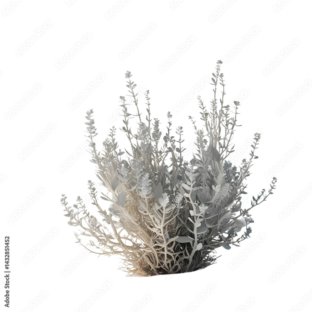 Fototapeta premium Ethereal Silver Bush, Delicate Branches, Intricate Detail isolated on transparent background Generative AI.