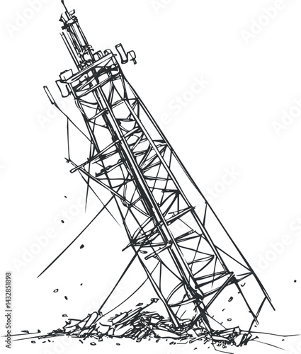 Black and white sketch of a leaning damaged metal tower structure with debris and broken framework