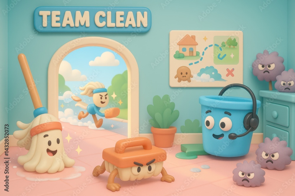 3D cartoon cleaning team with mop, scrub brush and bucket characters ready for action inside Team Clean headquarters with plan board and dusty intruders lurking nearby 3D cartoon cleaning team with mop, scrub brush and bucket characters ready for action inside Team Clean headquarters with plan board and dusty intruders lurking nearby