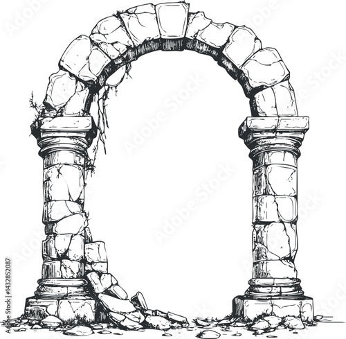 Ancient stone archway ruins with cracked columns and broken masonry in vintage style
