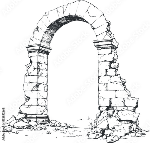 Black and white illustration of an ancient stone arch ruin with broken masonry and rubble