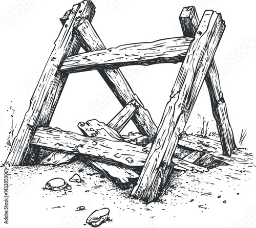 Black and white sketch of a wooden barrier or roadblock made of rough timber planks on the ground