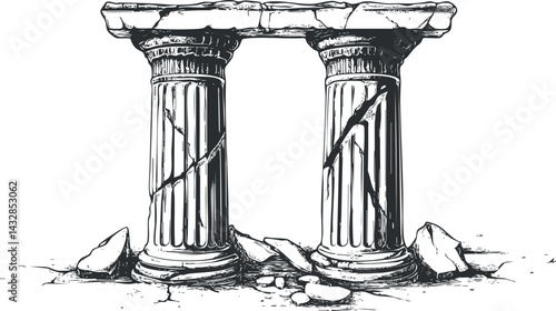 Illustration of two cracked ancient stone columns standing amid scattered broken stones and ruins
