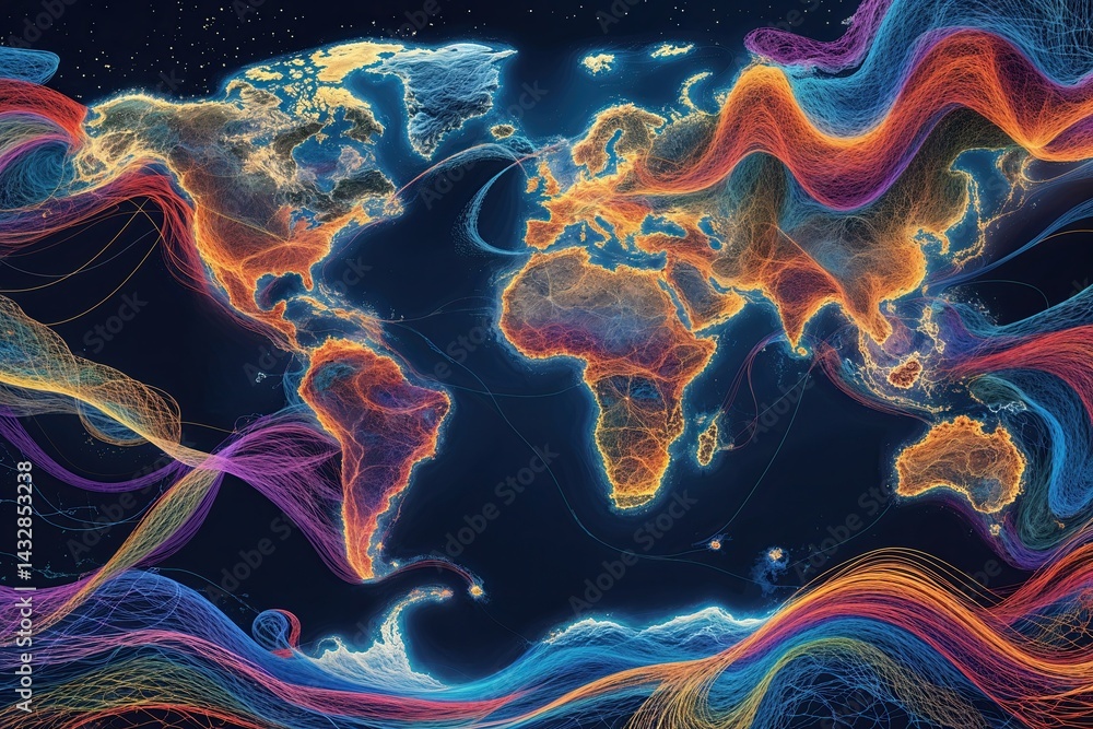 Obraz premium Dynamic Virtual World Map Showcasing Interconnected Paths of Global Culture