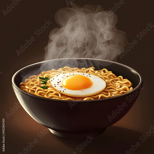 Hot delicious Japanese ramen soup dish on dark background
