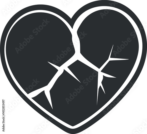 Black broken heart symbol with cracks representing emotional pain and heartbreak icon