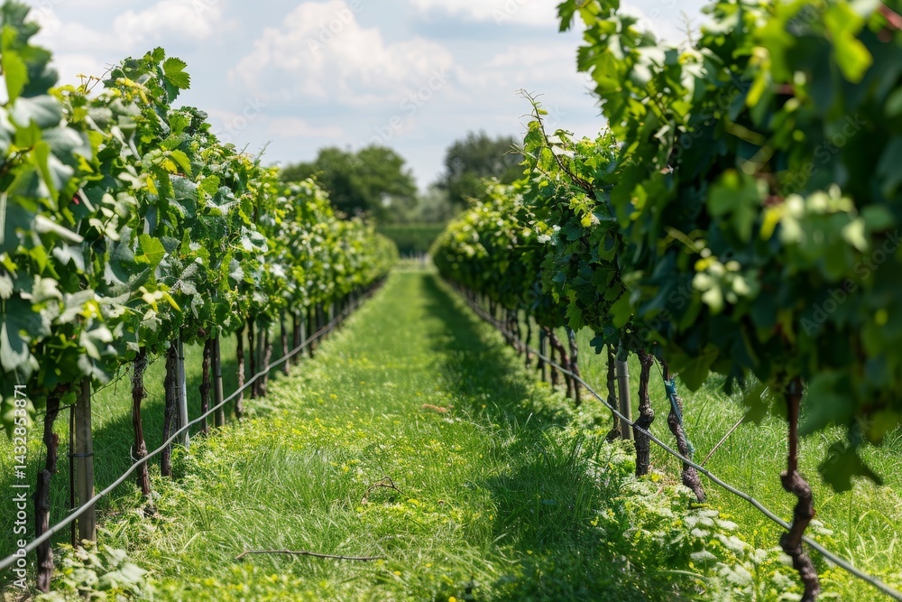 Naklejka premium A wide shot of a vineyard with rows of grapevines under a sunny sky, A picturesque vineyard with rows of grapevines under the summer sun
