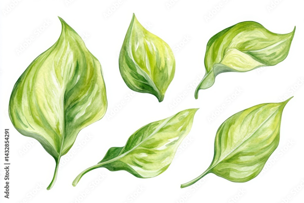 Fototapeta premium A watercolor painting of tropical leaves, specifically a palm leaf, is depicted as a green plant illustration set against an isolated white background, categorized as jungle clipart
