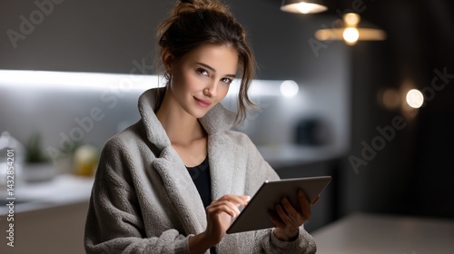 Woman using tablet at night