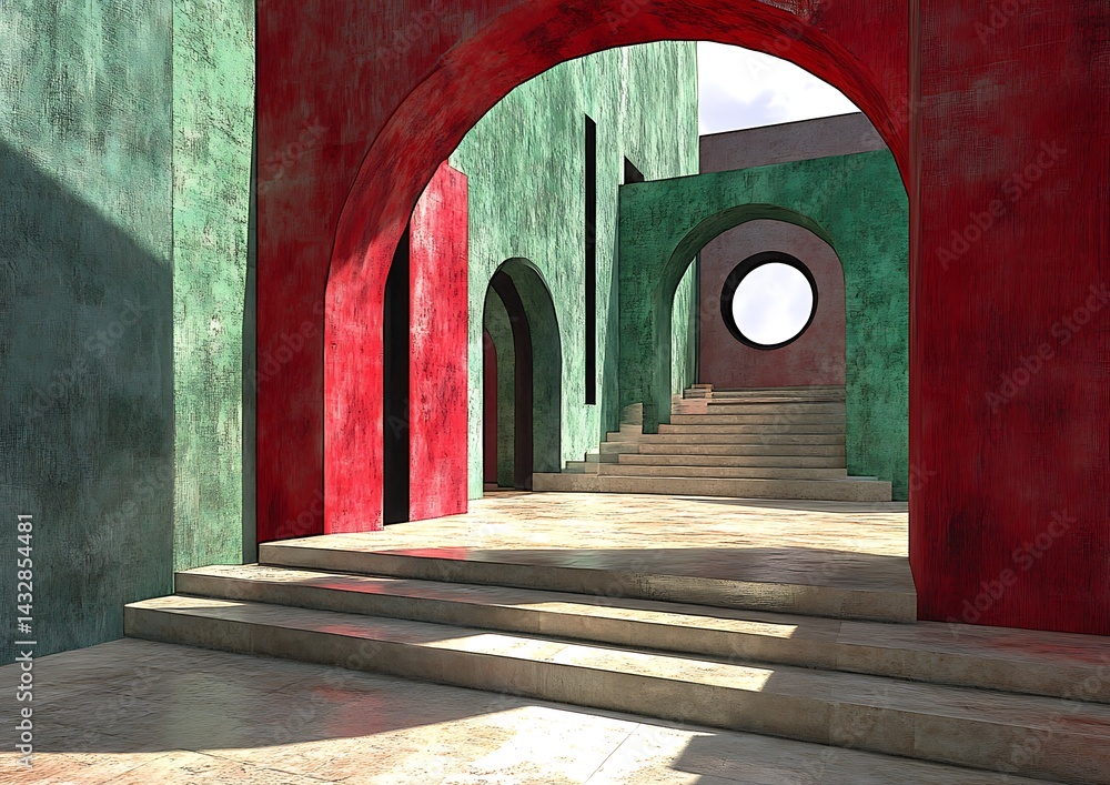 Colorful arched passageway, interior design