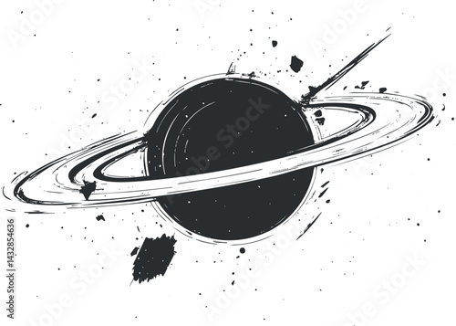 Black and white artistic illustration of a ringed planet resembling Saturn with splatter effects