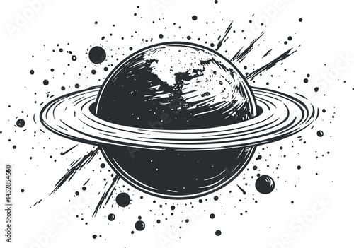 Black and white illustration of a ringed planet in space surrounded by stars and cosmic elements
