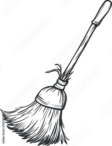 Black and white illustration of a traditional broom with wooden handle and brush for sweeping floors.