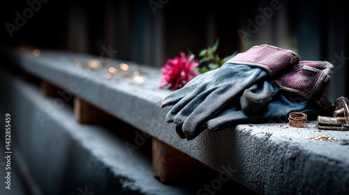 Work gloves and flower on concrete