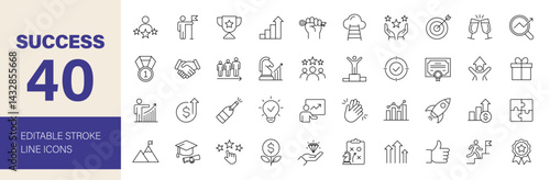 Success icon set. Containing achievement, awards, victory, growth, target, strategy, motivating, winner, aim, mission, successful, goal and more. Editable line icons. Vector illustration.