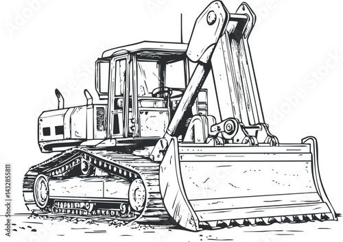 Black and white sketch of a bulldozer heavy construction machine with tracks and a large blade for earthmoving work