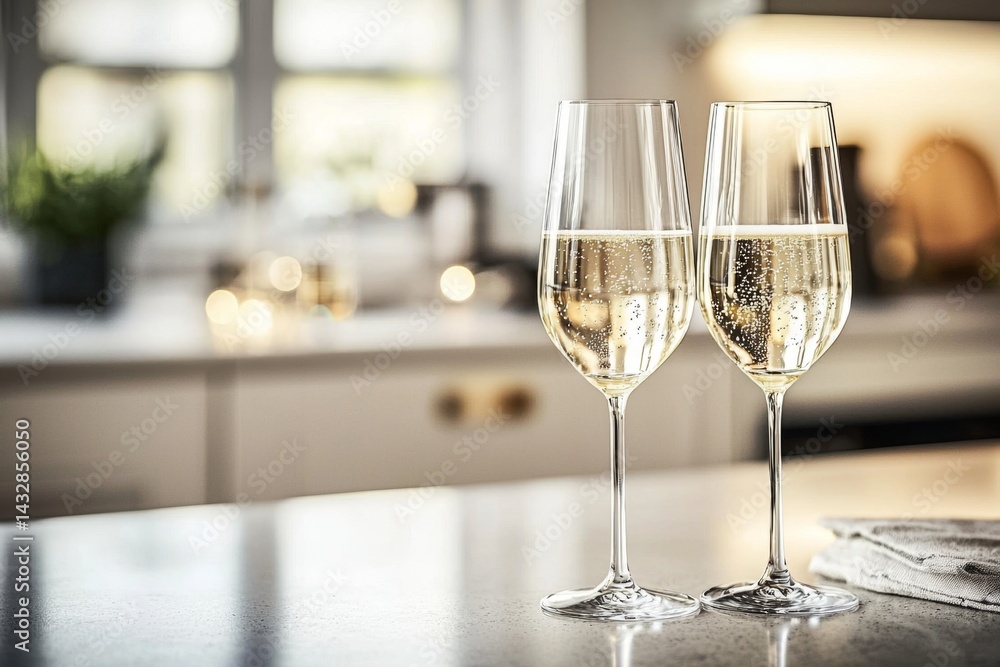 Two glasses of champagne or sparkling wine in a bright modern kitchen Two glasses of champagne or sparkling wine in a bright modern kitchen