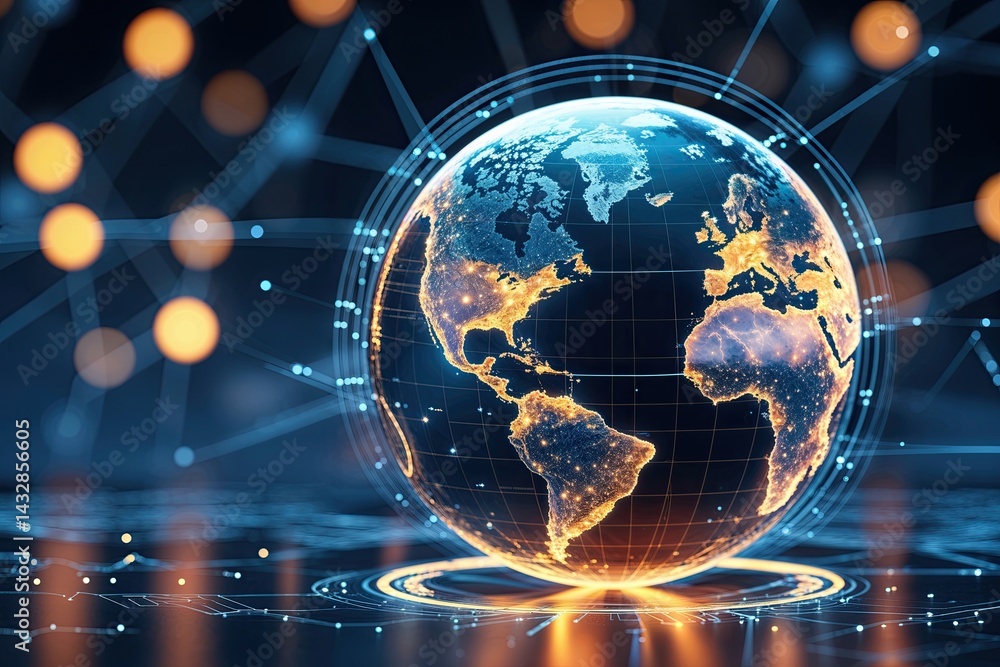 Obraz premium Global Virtual Network Design Featuring Rotating Sphere in Digital Space