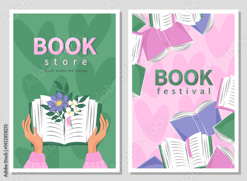 Design banners for Book festival, bookstore or market, library, shop. Lots of books and spring flowers. Vector illustration for poster, cover, sale, marketing.