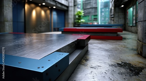 Modern urban outdoor ping pong tables with colorful design in a sleek café or recreational area