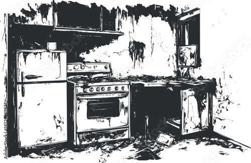 Black and white illustration of an old, worn kitchen interior with a refrigerator, stove, and cabinets showing signs of decay and neglect.
