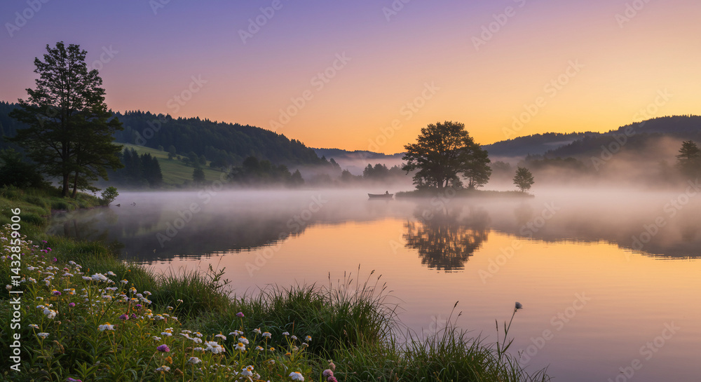 Fototapeta premium Tranquil Sunrise Over Misty Lake with Wildflowers and Boat