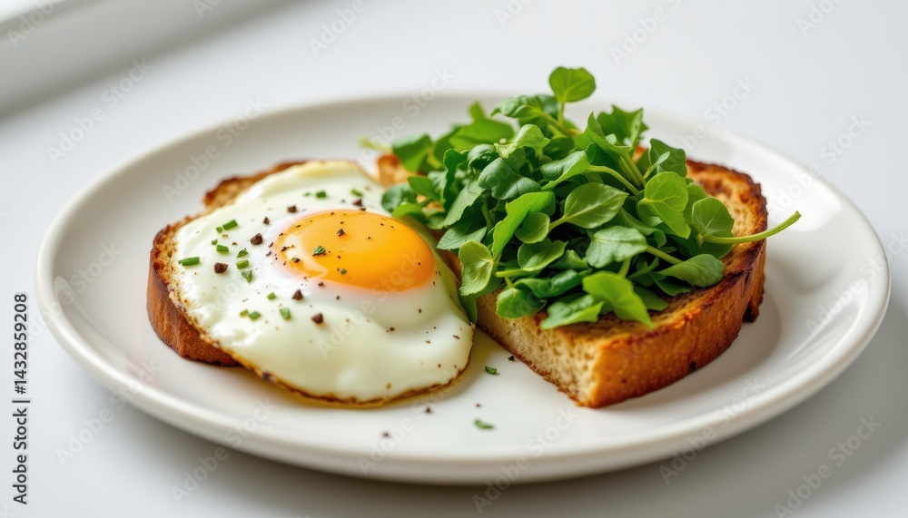 Toast with egg and greens on left side, soft white background Toast with egg and greens on left side, soft white background