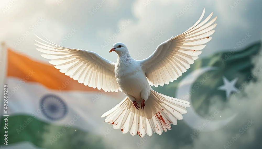 Fototapeta premium dove of peace with blood marks flying with India and Pakistan flags in background