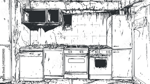 Black and white illustration of an old damaged kitchen with rusty appliances and peeling walls