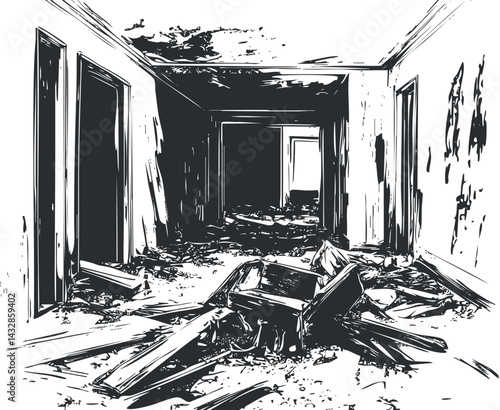Black and white illustration of an abandoned and ruined building interior filled with debris and destruction