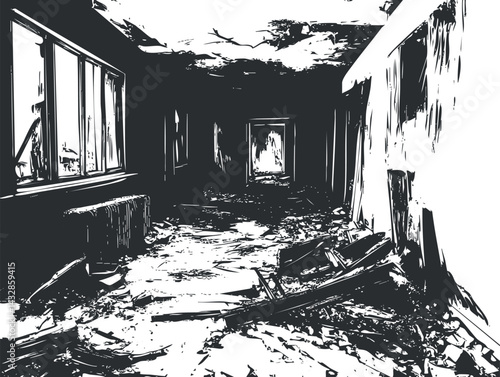 Black and white illustration of an abandoned and dilapidated interior room with broken windows debris and damaged walls