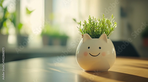 Wallpaper Mural Whimsical feline planter with vibrant greenery, brings joy to sunlit interior Torontodigital.ca