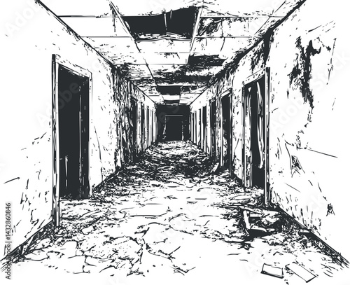 Black and white illustration of a long abandoned hallway with damaged walls ceiling and debris scattered on the floor