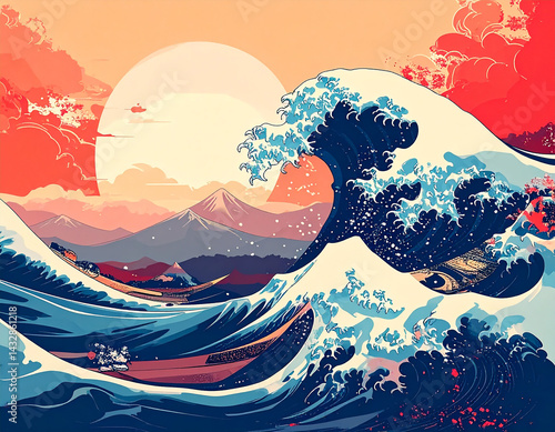 Digital Japanese Wave Retro Sunset Seascape