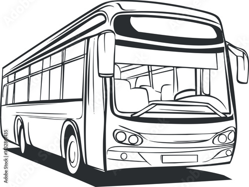 Black and white line drawing of a modern public transport bus viewed from the front and side