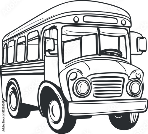 Black and white line art illustration of a school bus front and side view icon