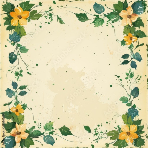 Vintage floral frame design on aged parchment