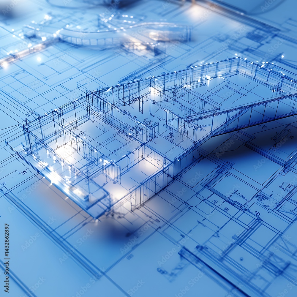 rendering of a house with blueprints on blue sky background rendering of a house with blueprints on blue sky background