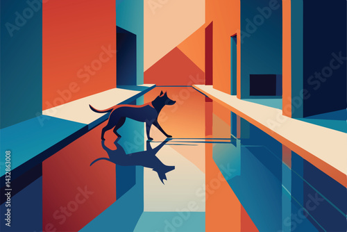 dog chasing reflections in wet courtyard .eps
