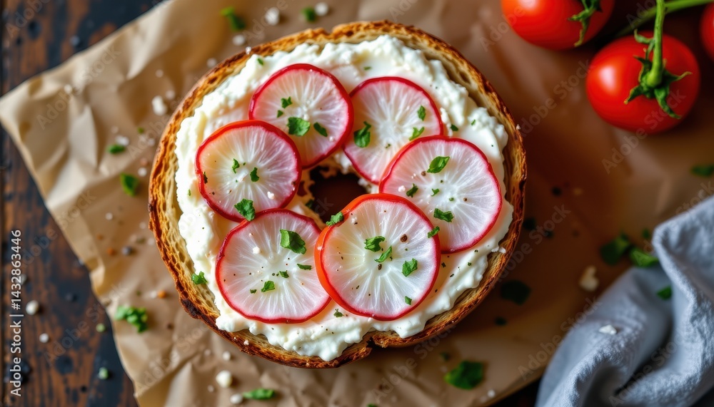 Fototapeta premium Toasted bagel with cream cheese and radish slices, top down composition