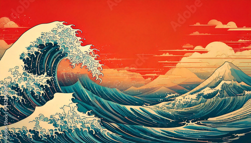 Japanese Wave with Red Sunset Digital Ukiyo-e Style