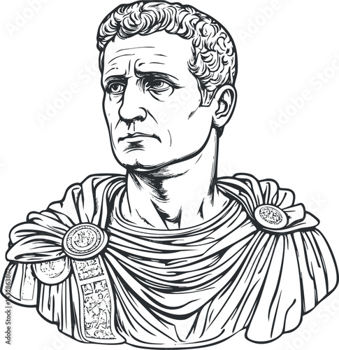 Black and white line drawing of an ancient Roman bust sculpture depicting a classical male figure with detailed clothing and expression.