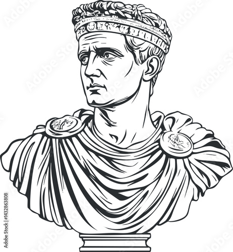 Black and white illustration of a classical Roman emperor bust sculpture with detailed features and regal attire