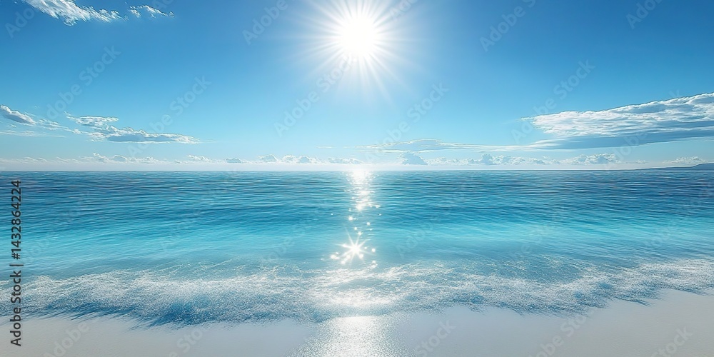 Obraz premium Sunlit beach with blue sky, white clouds, distant mountains, and gentle waves.