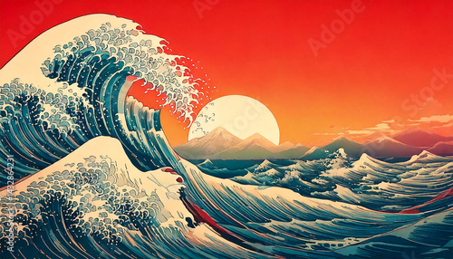 Modern Hokusai Inspired Ocean Art at Dusk